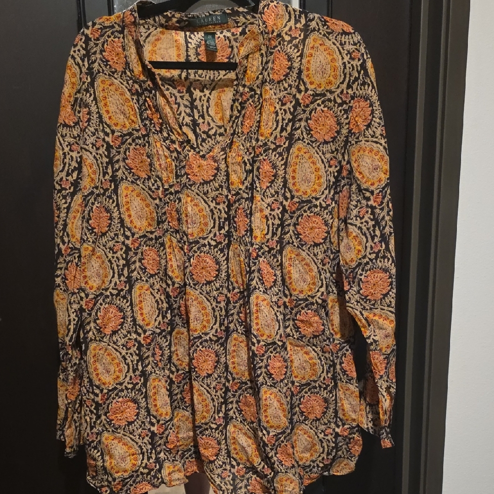 Lauren Ralph Lauren Orange and Black Paisley Blouse